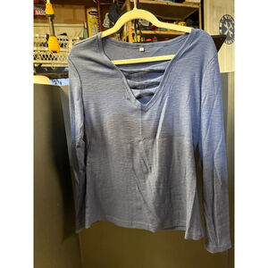 Women's Unbranded Blue Ribbed Criss-Cross V-Neck Long Sleeve Tee Size L